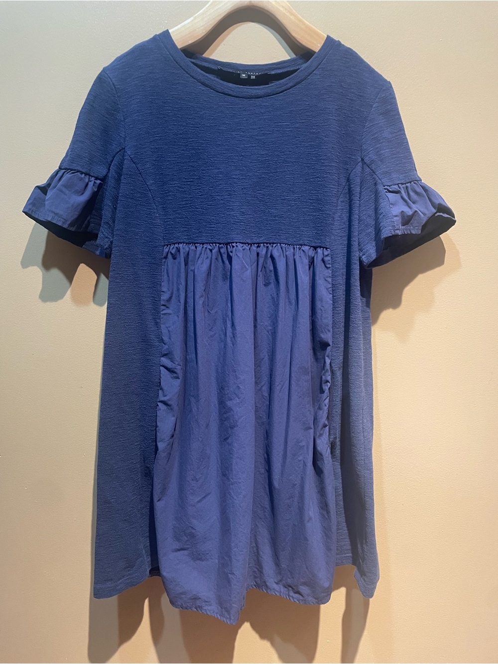 English Factory Deep Blue Mixed Media Ruffle Sleeve Mini Babydoll Dress Size M